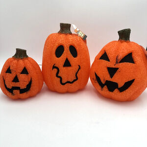 3 Vtg Halloween Melted Plastic Popcorn Lighted Pumpkin Jack O' Lanterns *READ